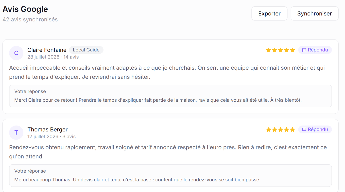 Liste des avis dans GMB Manager : note, texte, date et réponse publiée.