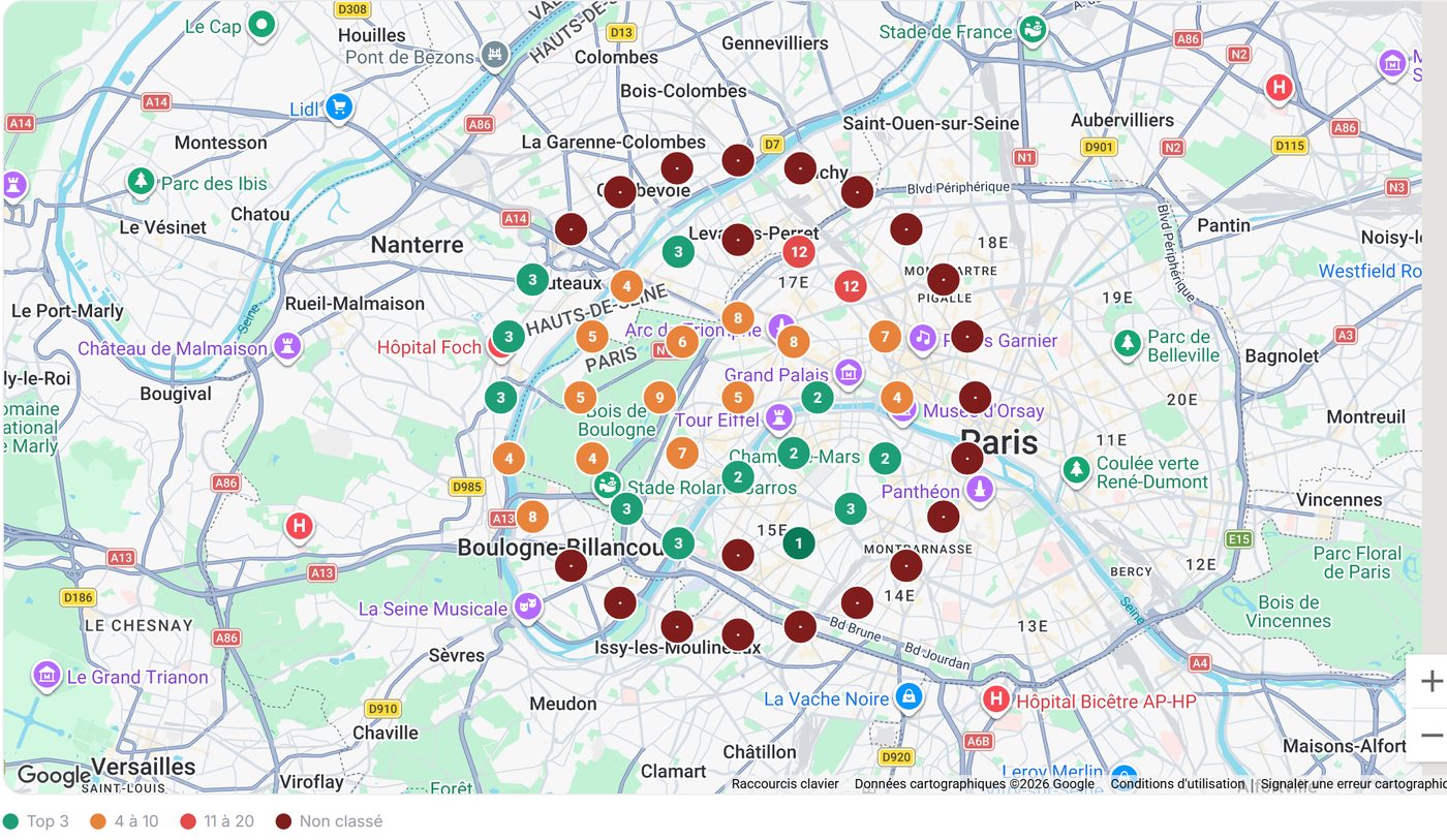 Carte d'un rapport de positionnement : une pastille par point de mesure, colorée selon le classement obtenu à cet endroit.