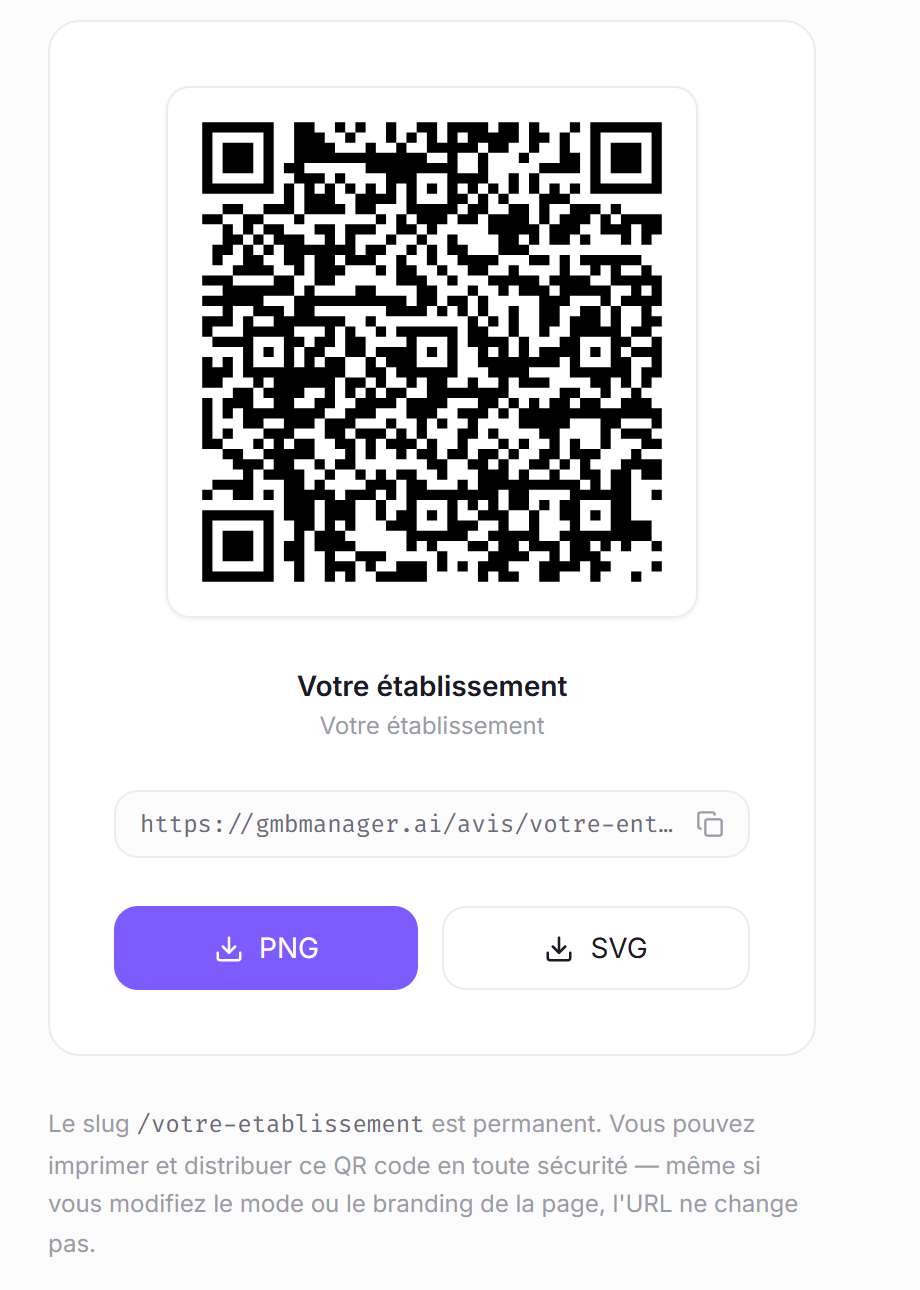 Écran QR code de l'application : le code à imprimer et son lien permanent vers la page de collecte.