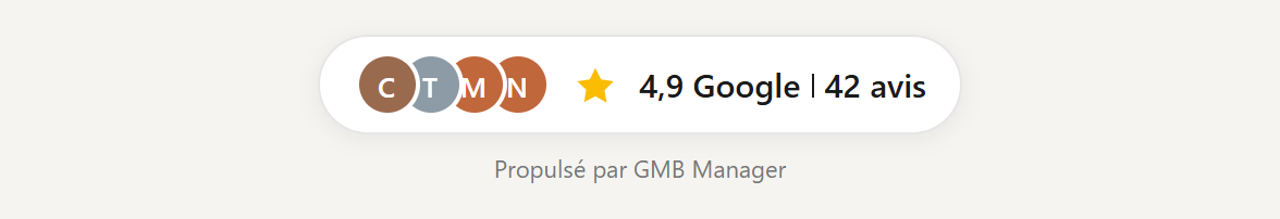 Widget badge compact : avatars des clients, note moyenne et nombre d'avis Google.