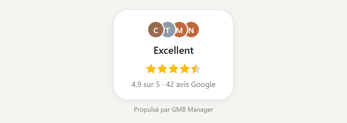 Widget badge encadré : carte avec le libellé de qualité, les cinq étoiles et le nombre d'avis.
