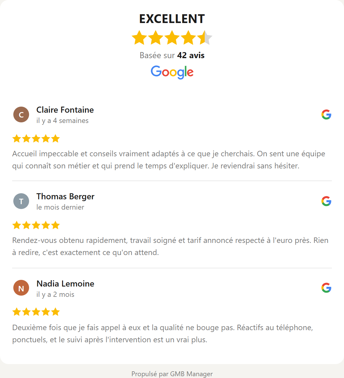 Widget carrousel en liste : un avis par ligne, colonne étroite.