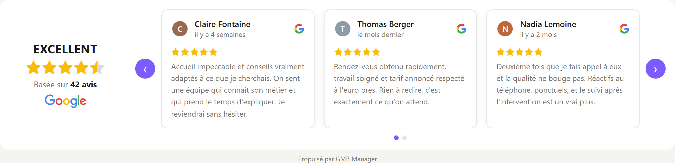 Widget carrousel à défilement : en-tête de synthèse à gauche, cartes d'avis défilantes.